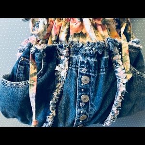 Denim Floral Patchwork Drawstring Bag